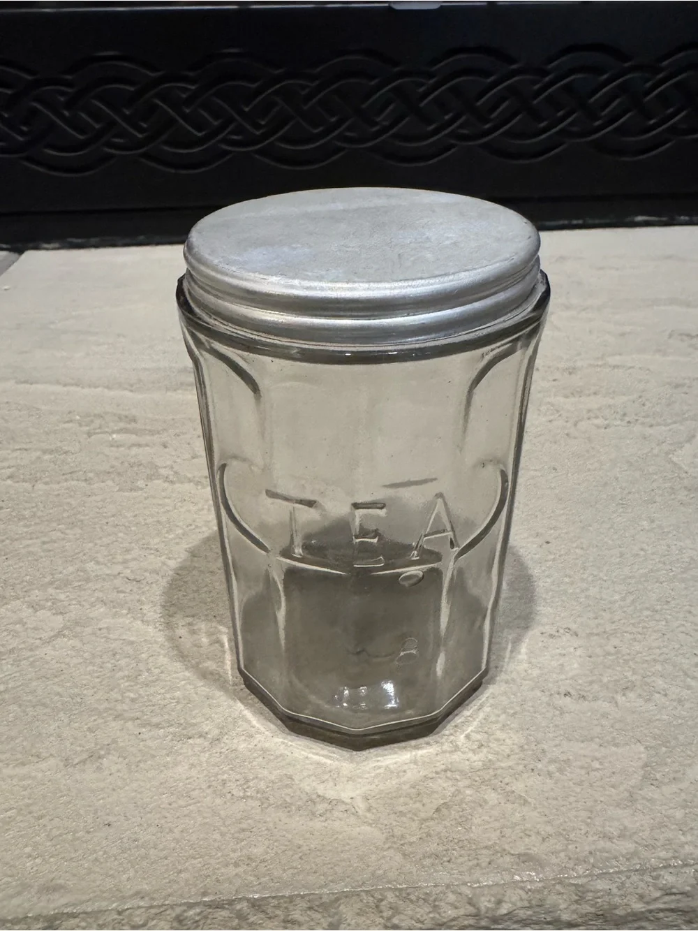 Antique 1920s-1930’s Hoosier Style Glass Tea Canister Jar Aluminum Lid 5” Tall